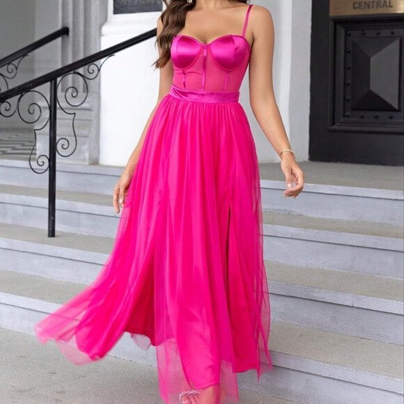 Pink Boho Womens Split Thigh Mesh Cami Dress - Picture 4 of 5